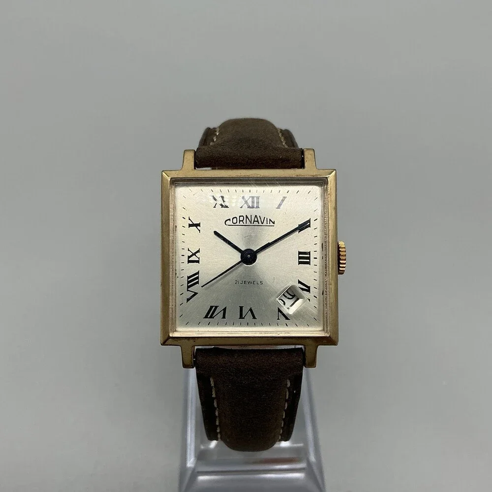 Vintage Cornavin Mens Watch 29mm Square Brown Leather Manual Wind Date